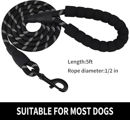 Panykoo 5/6 FT Strong Pet Dog Leash with Soft Padded Handle,Highly Reflective Rope for Night Walking,360-Degree Rotating Metal Buckle Without Tangles,Suitable for Small,Medium and Large Dogs.(5ft)