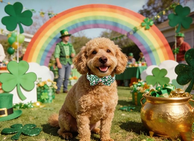 Lionet Paws St. Patrick Dog Collars with Bow tie,Cute Pink Clover Green Dog Collar Bow Tie for Large Dogs Female, Neck 16-24 inches