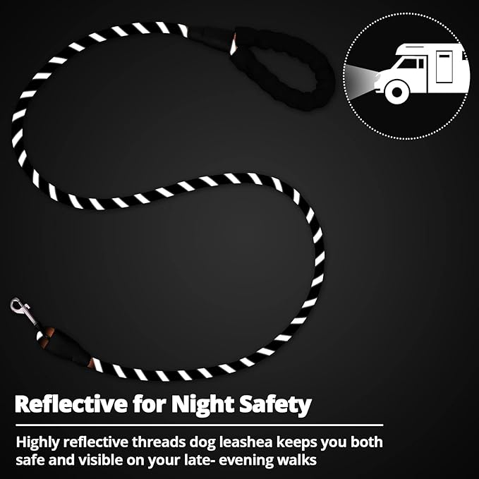 Rope Dog Leash 3 FT: Heavy Duty Leashes with Swivel Lockable Hook Reflective Threads Bungee and Padded Handle - Dog Lead for Large Small Medium Dogs Outside Walking Hiking Black