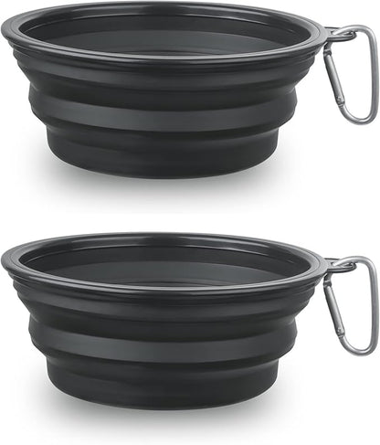 Large Dog Bowl Pet Collapsible Bowls, 2 Pack Collapsible Dog Water Bowls for Cats Dogs, Portable Pet Feeding Watering Dish for Walking Parking Traveling with 2 Carabiners (Large, Black+Black)