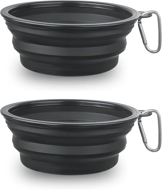 Large Dog Bowl Pet Collapsible Bowls, 2 Pack Collapsible Dog Water Bowls for Cats Dogs, Portable Pet Feeding Watering Dish for Walking Parking Traveling with 2 Carabiners (Large, Black+Black)
