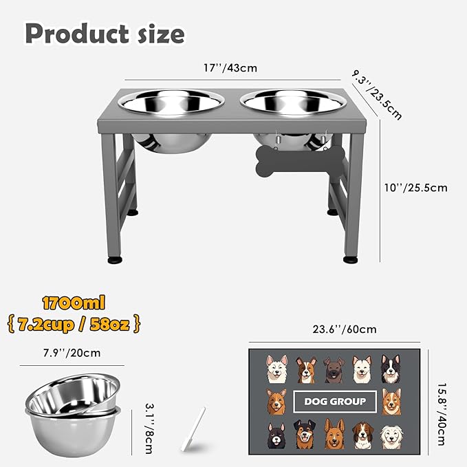 ADENGL Elevated Dog Bowls, 10" Tall Height, Raised Bowl Stand with 2 Stainless Steel Food Feeder Bowls (58oz) and Spill-Proof Mat for Medium Large and Small Breeds, Grey