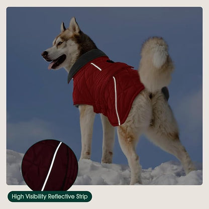Kuoser Dog Winter Coat Waterproof Dog Snow Jacket, Warm Fleece Lined Pet Turtleneck Snowsuit Puppy Cold Weather Coats with Harness Hole, Adjustable Winter Vest for Medium Large Dogs, Red, L