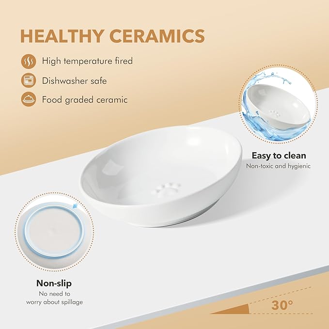 Havniva 5.7'' Ceramic Wide Whisker Friendly Cat Dishes, Set of 3 Ceramic Cat Bowls, Indoor Kitten Feeding Food& Water Dish to Prevent Whisker Fatigue(3 Pcs,White)