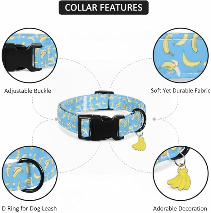 Dog Collar, Cute Banana Fruit Pattern, Spring Summer Design for Small Medium Large Dogs, S
