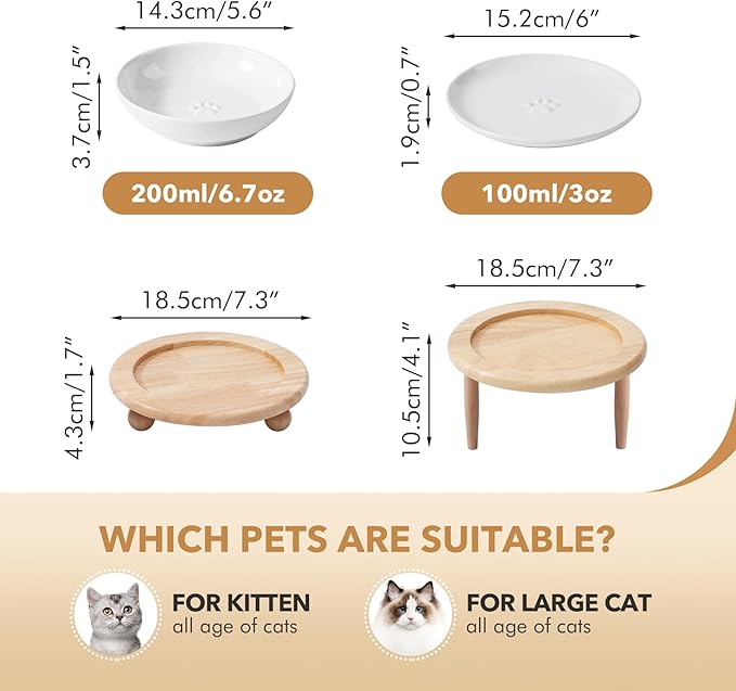 Havniva Raised Ceramic Wide Whisker Friendly Cat Dishes, Food&Water Bowl with 2 Style Stand Adjustable Pet Bowl Set(1Dish+1Shallow Dish+Stand, White