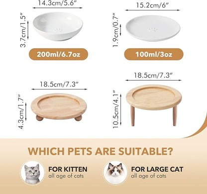 Havniva Raised Ceramic Wide Whisker Friendly Cat Dishes, Food&Water Bowl with 2 Style Stand Adjustable Pet Bowl Set(1Dish+1Shallow Dish+Stand, White