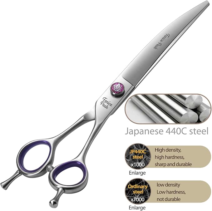 Fenice Peak 8'' Curved Dog Grooming Scissors Professional 440C Stainless Steel Pet Trimming Shears with Decorative Screw and Offset Handle Sharp and Durable