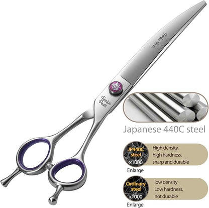 Fenice Peak 8'' Curved Dog Grooming Scissors Professional 440C Stainless Steel Pet Trimming Shears with Decorative Screw and Offset Handle Sharp and Durable