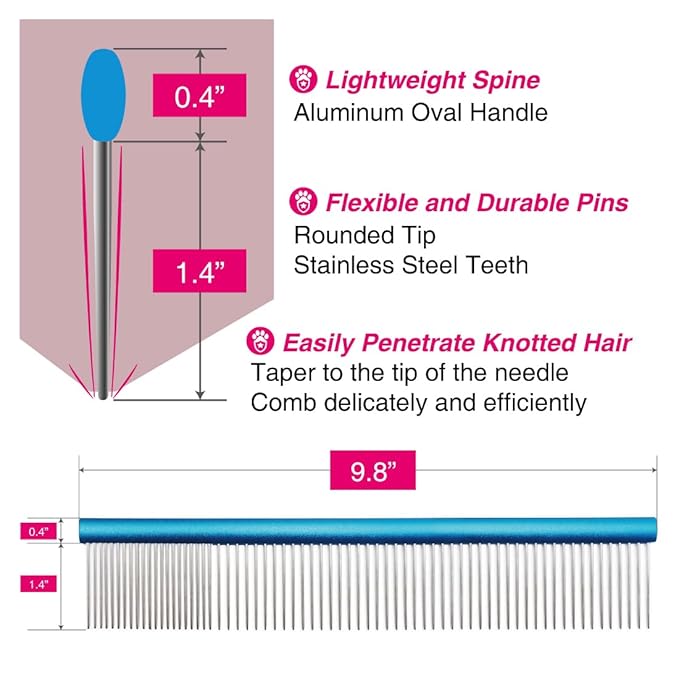 Claw Claws Greyhound Oval Grooming Comb – Aluminum handle, Stainless Steel Teeth Comb for Long-Haired Dogs & Cats, Removes Mats, Tangles, and Loose Fur – Lightweight for Deshedding (Silver/Blue, 9.8")