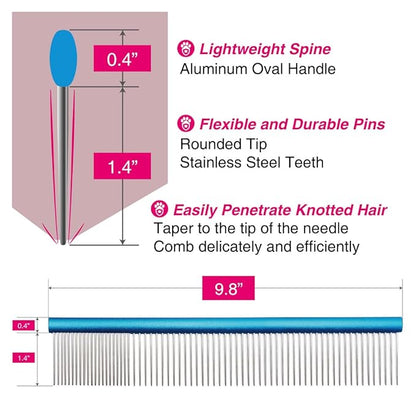 Claw Claws Greyhound Oval Grooming Comb – Aluminum handle, Stainless Steel Teeth Comb for Long-Haired Dogs & Cats, Removes Mats, Tangles, and Loose Fur – Lightweight for Deshedding (Silver/Blue, 9.8")
