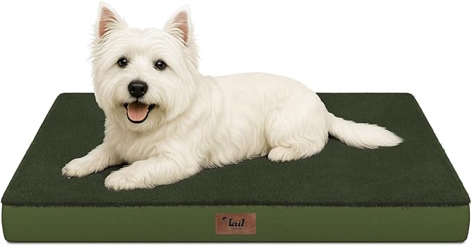 Tail Stories Comfort Dog Bed for Small Dogs & Cats, Waterproof Dog Crate Mat Orthopedic Egg Crate Foam with Washable Removable Cover, Olive Green