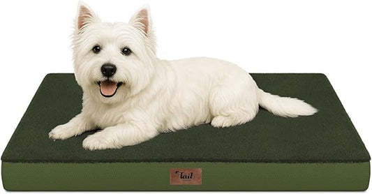 Tail Stories Comfort Dog Bed for Small Dogs & Cats, Waterproof Dog Crate Mat Orthopedic Egg Crate Foam with Washable Removable Cover, Olive Green