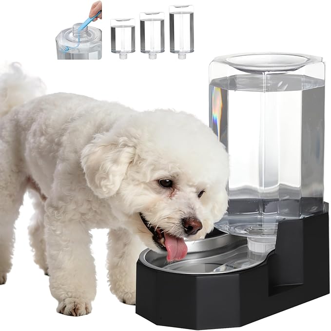Sfozstra Dog Water Bowl Dispenser: 7L Large Black Gravity Stainless Steel Bowl - with Specialized Brush - Pet Feeder for Pets with Spinal Problems - Use in Garage Garden
