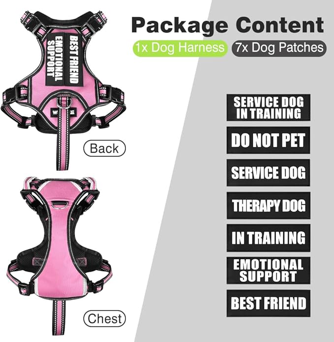 WINSEE Service Dog Vest No Pull Dog Harness with 7 Dog Patches, Reflective Pet Harness with Durable Soft Padded Handle for Training Small, Medium, Large, and Extra-Large Dogs (X-Large, Pink)