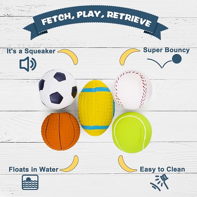 Pawdoer Squeaky Dog Ball, Soft Latex Rubber Squeaky Dog Toys for Small Dogs Puppies, Cute Squeak Toys Play Ball - Tennis, Soccer, Football, Basketball and Baseball