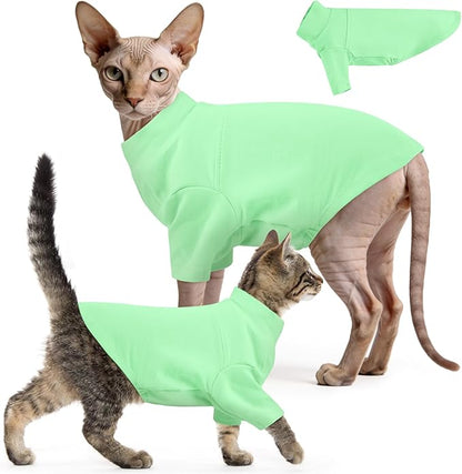 OUOBOB Sphynx Hairless Cat Clothes, Soft Cotton Pullover Turtleneck Shirt with Sleeves for Kitten Puppy Small Dogs, Cat Pajamas for All-Season - Green XXL