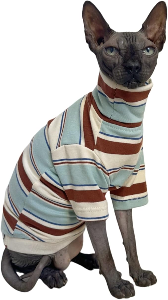 Vintage Stripes Sphynx Hairless Cats Shirt Cotton Cat Turtleneck Pet Clothes Kitten T-Shirts with Sleeves for Sphynx Cornish Rex, Devon Rex, Peterbald (Mint Brown, Large (Pack of 1))