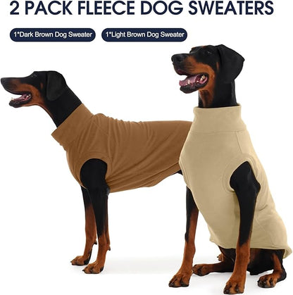 IECOii 2 Pack Large Fleece Dog Sweaters - Soft Winter Fleece Sweatshirts Warm Pullover Vest for Big Dogs, Cold Weather Coats for Indoor Outdoor, Machine Washable (Size 2XL, Dark Brown & Light Brown)