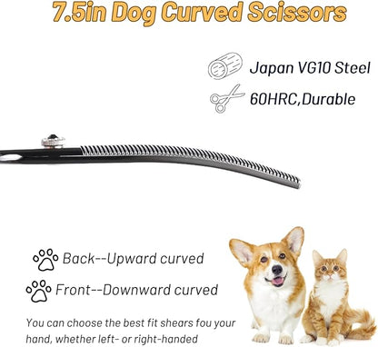 7.5inch Curved Thinner Dog Grooming Scissors, 56 Teeth Professional Dog Cutting Scissors, 25 Degree Bend High-end Shears for Pet Groomers or Family Use, with Symmetric Handle, Thinning Rate 25%, Black