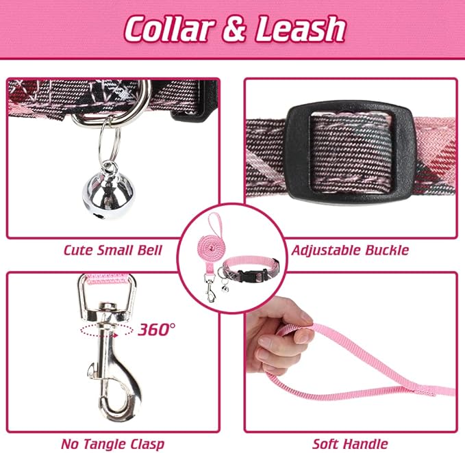 EXPAWLORER Classic Plaid Puppy Harness - Small Dog Harness and Leash Set - Dog Collar and Leash Set with AirTag Holder, Soft Padded Step in Dog Vest Harness No Pull Reflective for Outdoor, Pink M