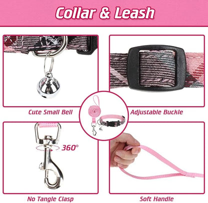 EXPAWLORER Classic Plaid Puppy Harness - Small Dog Harness and Leash Set - Dog Collar and Leash Set with AirTag Holder, Soft Padded Step in Dog Vest Harness No Pull Reflective for Outdoor, Pink M