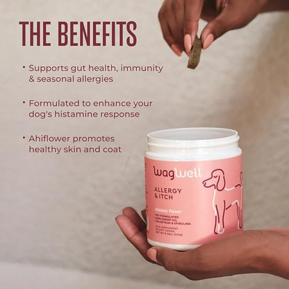 WagWell Allergy & Itch Chews – Vet-Formulated, All Natural, Made in The USA – Plant-Based Dog Allergy Chews with Colostrum and Spirulina – Supports Dog Allergy Relief and Digestive Health, 60 Chews