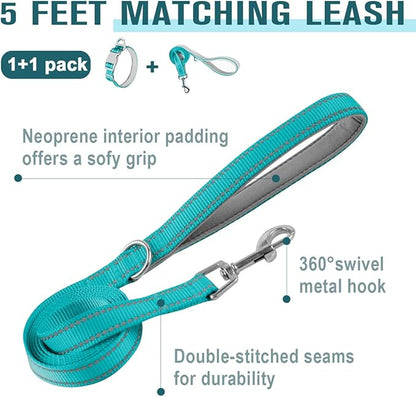 Dog Collar for Medium Small Large Dogs Reflective with Leash,Collar and Leash for Dogs,Soft Neoprene Padded 2 Pack(Blue,S)