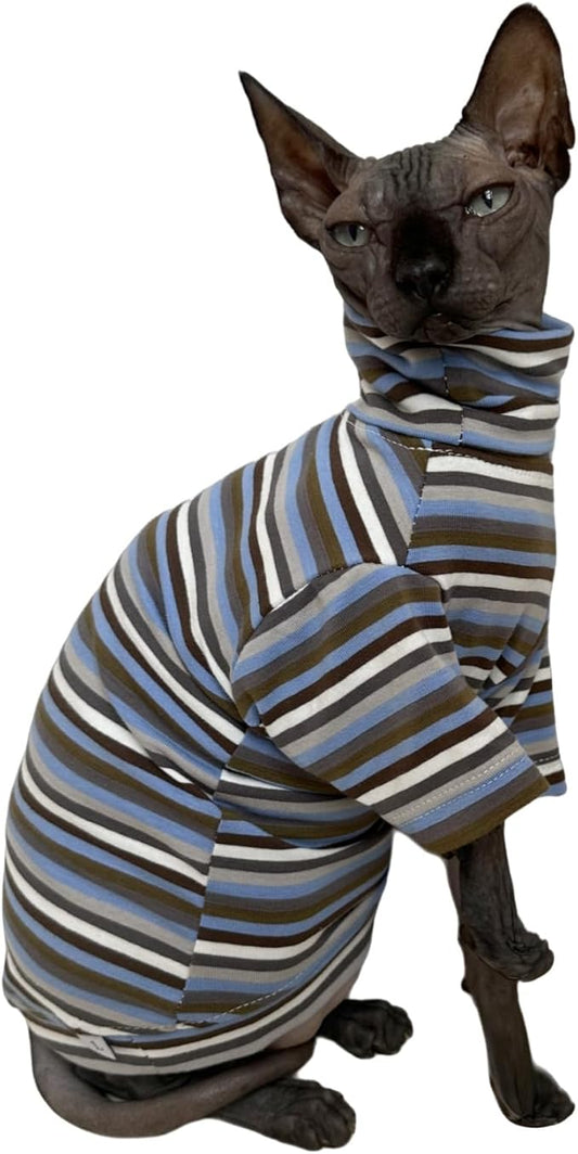 Vintage Stripes Sphynx Hairless Cats Shirt Cotton Cat Turtleneck Pet Clothes Kitten T-Shirts with Sleeves for Sphynx Cats (Storm, Medium)