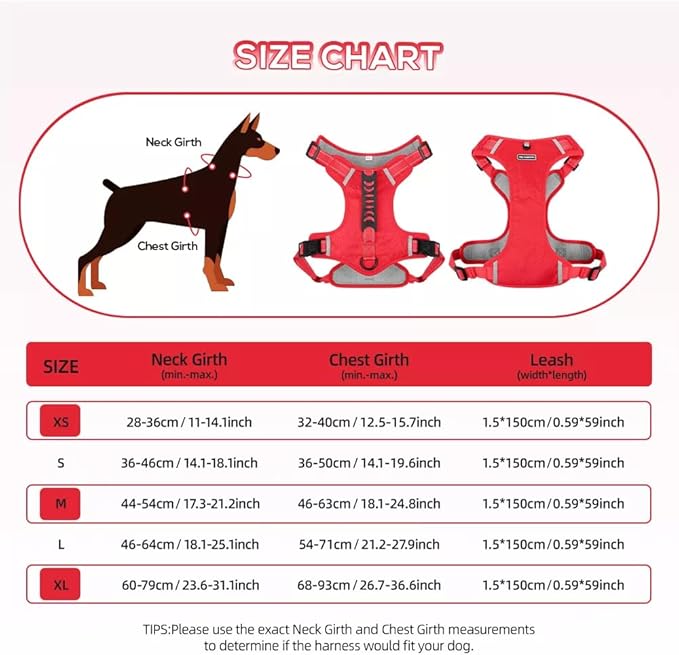 Dog Harness No Pull Adjustable Reflective,for Medium and Large Small Dog with Leash 59.06in (Red, S)