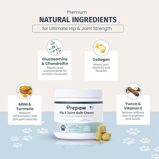 Hip & Joint Support for Dogs | Maximum Strength with Glucosamine, Chondroitin, MSM. Turmeric Root Powder - Relieves Arthritis Pain, Supports Cartilage & Hip Dysplasia - Made in USA - 120 Chews