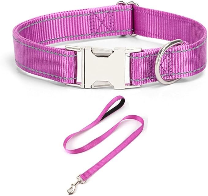Reflective Dog Collar and Leash Set with Metal Buckle, Soft Sturdy Nylon Dog Collars with Quick Release Buckle, Adjustable Pet Collars with with ID Tag Ring for Small Medium Large Dogs