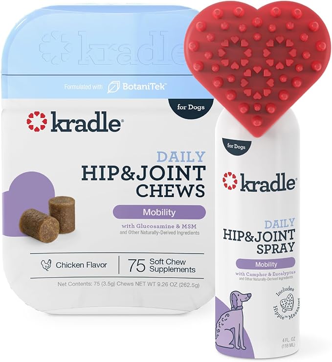 Kradle Hip & Joint Chews for Dogs - Glucosamine Chondroitin MSM Turmeric - Mobility Support for Large & Small Dogs - 75 Soft Chews + 4oz Spray
