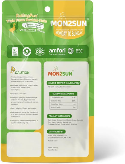 MON2SUN Dog Treats Triple Flavor 9 Inch Chicken Liver Duck and Chicken Wrapped Rawhide Rolls, Teeth Cleaning and Long Lasting Chews for Medium and Large Dogs, 22.2 oz(4 Count)