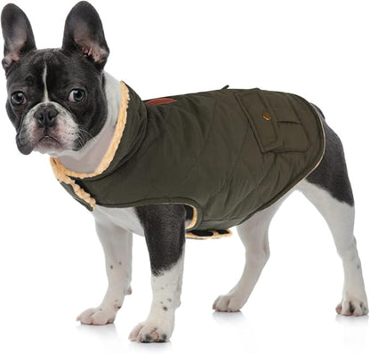 Queenmore Warm Dog Coat, Cold Weather Puffer Dog Jacket with Ultra Thick Plush Lining, Storage Pockets (Green, Small)