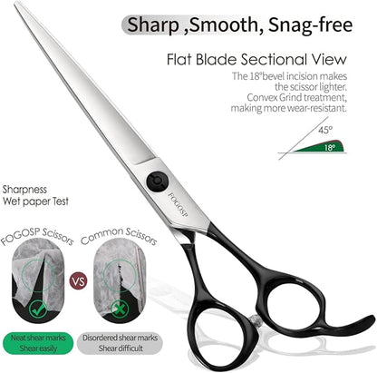 FOGOSP Professional Dog Grooming Scissors Straight 7.5" Pet Grooming Shears for Cutting Small Dogs Cat Thick Hair Japan 440C Stainless Steel Right Handed(7.5in Straight,Black)