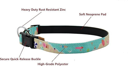 Dog Collar, Cute Holiday in Beach Pattern, Neoprene Padded and Adjustable Collar with Quick Release Buckle, Reinforced Structure (L (Neck 18-28", Width 1"), Beach Green)