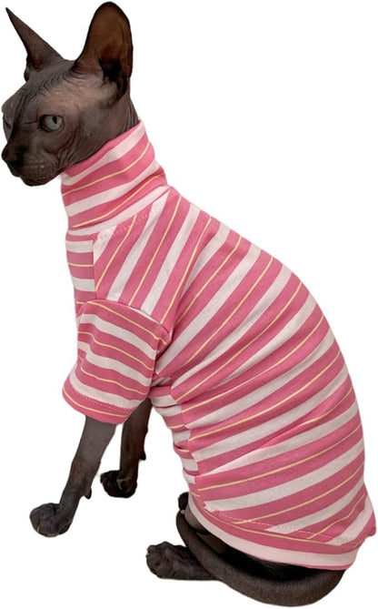 Vintage Stripes Sphynx Hairless Cats Shirt Cotton Cat Turtleneck Pet Clothes Kitten T-Shirts with Sleeves for Sphynx Cats (Sakura, Medium)