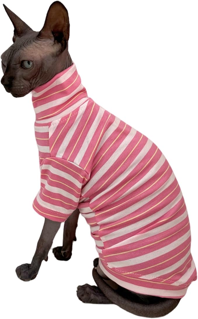 Vintage Stripes Sphynx Hairless Cats Shirt Cotton Cat Turtleneck Pet Clothes Kitten T-Shirts with Sleeves for Sphynx Cats (Sakura, Small)