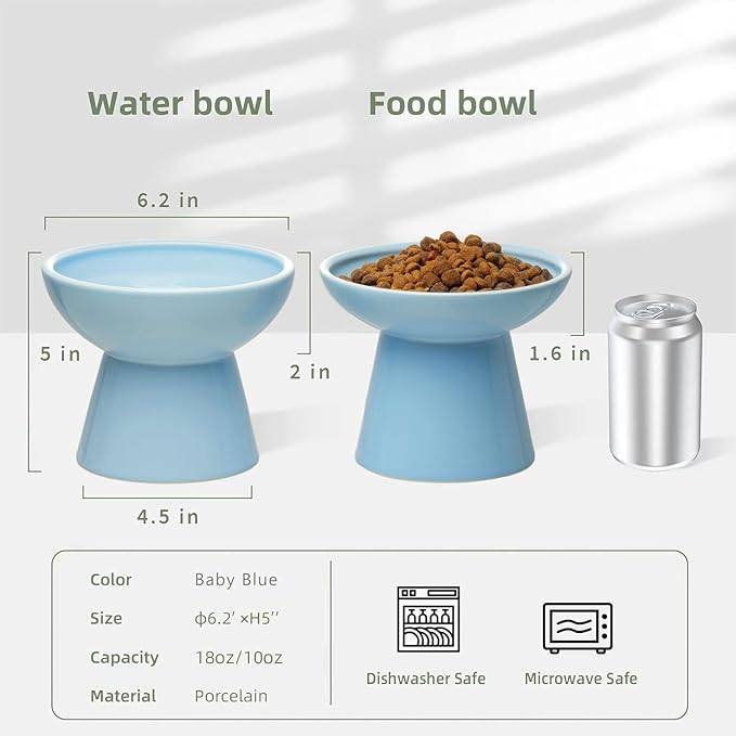 CEEFU 2 Elevated Ceramic Cat Bowls Extra Wide for Food & Water – Whisker Fatigue Shallow Food Dish, Lead & Cadmium-Free, Raised Height for Cats, Blue
