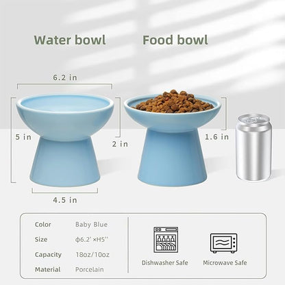 CEEFU 2 Elevated Ceramic Cat Bowls Extra Wide for Food & Water – Whisker Fatigue Shallow Food Dish, Lead & Cadmium-Free, Raised Height for Cats, Blue