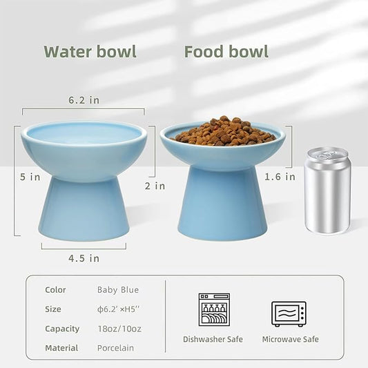 CEEFU 2 Elevated Ceramic Cat Bowls Extra Wide for Food & Water – Whisker Fatigue Shallow Food Dish, Lead & Cadmium-Free, Raised Height for Cats, Blue