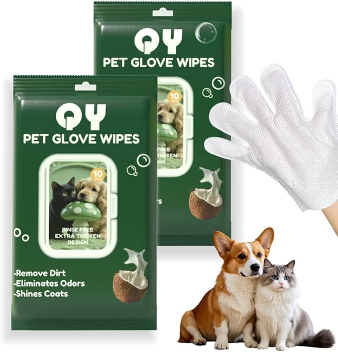 QingYa 20-Pack Extra Thick Pet Cleaning Glove Wipes with Lid | Value Pack Dog & Cat Grooming Gloves | Rinse-Free Bath Wipes with Coconut, Aloe & Jojoba for Odor Control & Daily Care