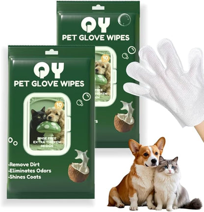 QingYa 20-Pack Extra Thick Pet Cleaning Glove Wipes with Lid | Value Pack Dog & Cat Grooming Gloves | Rinse-Free Bath Wipes with Coconut, Aloe & Jojoba for Odor Control & Daily Care
