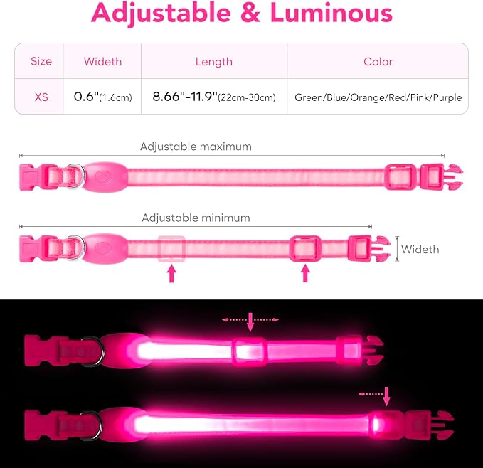 Light up Collar for Small Dog,Vizpet XS Adjustable Size Nylon Collar USB Rechargeable Bright Safety Pet Collar for Cats Small Dogs (Pink, X-Small[ 8.66-11.9 inch/22cm-30cm])