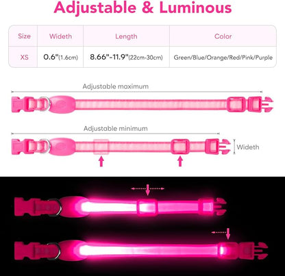 Light up Collar for Small Dog,Vizpet XS Adjustable Size Nylon Collar USB Rechargeable Bright Safety Pet Collar for Cats Small Dogs (Pink, X-Small[ 8.66-11.9 inch/22cm-30cm])