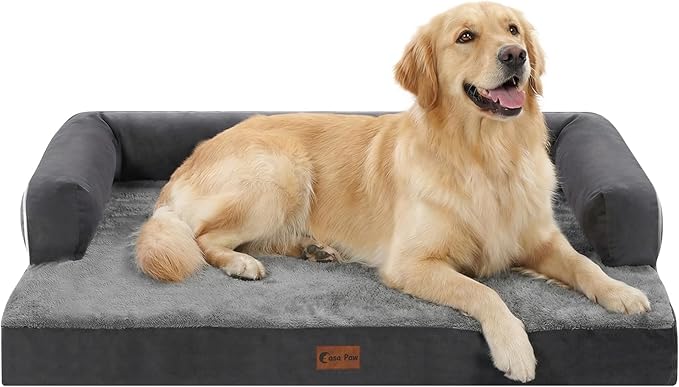 Casa Paw Orthopedic Dog Beds for Large Sized Dogs, Waterproof Egg Crate Foam Large Dog Couch Beds with Comfy Bolster 36x27Inch, Washable Pet Beds with Removable Cover and Nonskid Bottom, Dark Grey