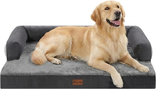 Casa Paw Orthopedic Dog Beds for Large Sized Dogs, Waterproof Egg Crate Foam Large Dog Couch Beds with Comfy Bolster 36x27Inch, Washable Pet Beds with Removable Cover and Nonskid Bottom, Dark Grey