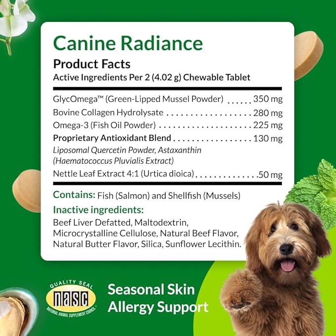 ULTIMATE PET NUTRITION Canine Radiance Skin Allergy Support Supplement for Dogs, Omega-3 Skin Hydration, Antioxidants to Prevent Itching and Strengthen Coat, 60 Chewable Tablets