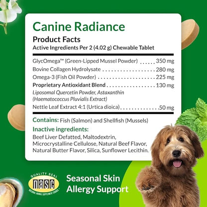 ULTIMATE PET NUTRITION Canine Radiance Skin Allergy Support Supplement for Dogs, Omega-3 Skin Hydration, Antioxidants to Prevent Itching and Strengthen Coat, 60 Chewable Tablets